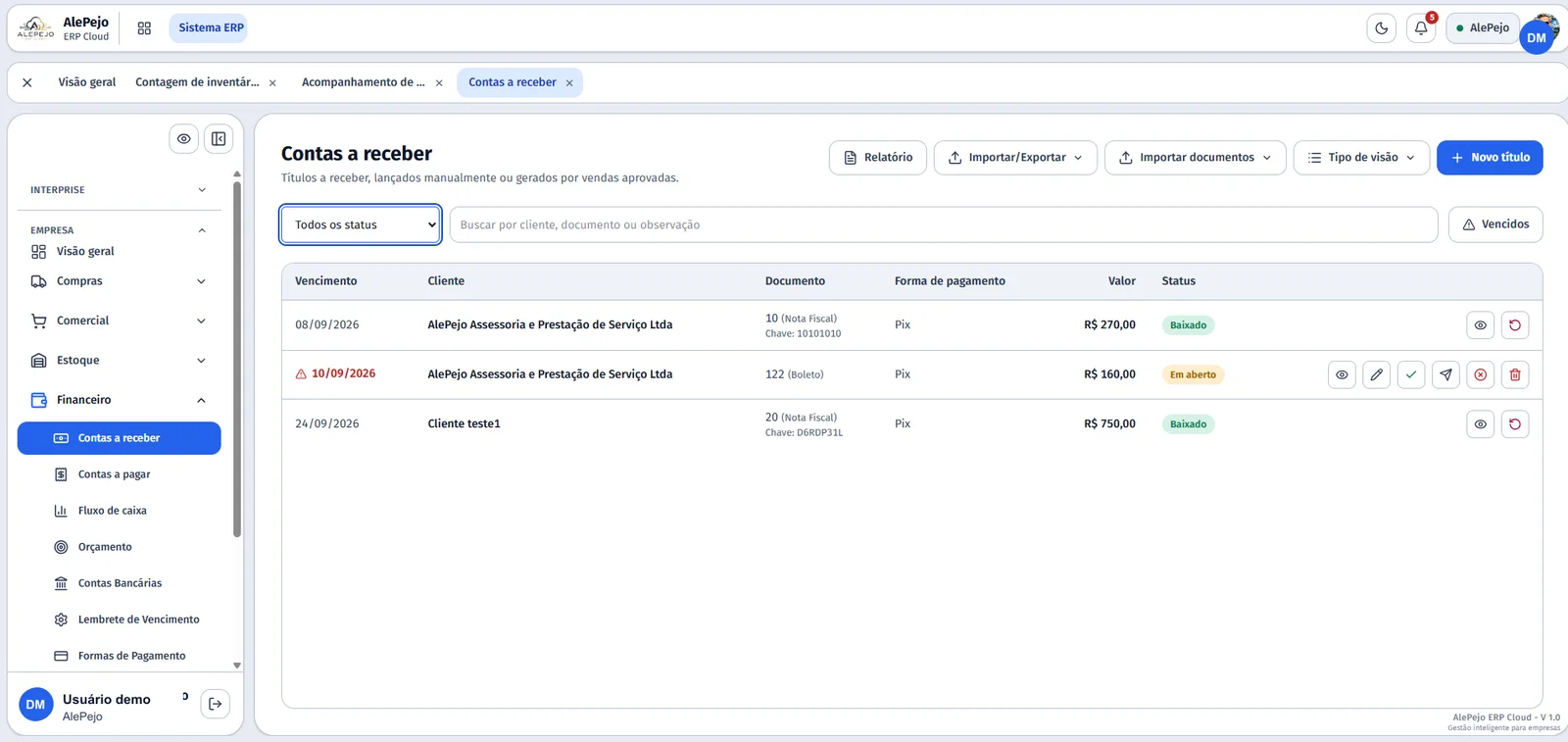 Contas a receber do AlePejo ERP Cloud